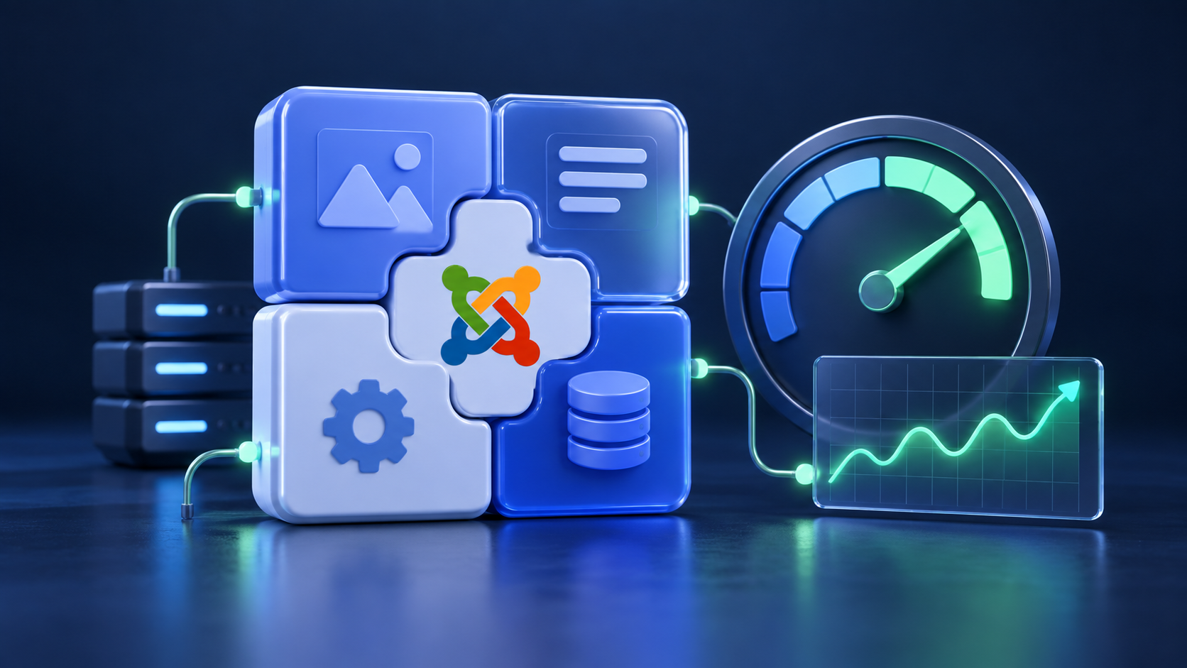 IT professionals analyze Joomla site performance in a futuristic command center.