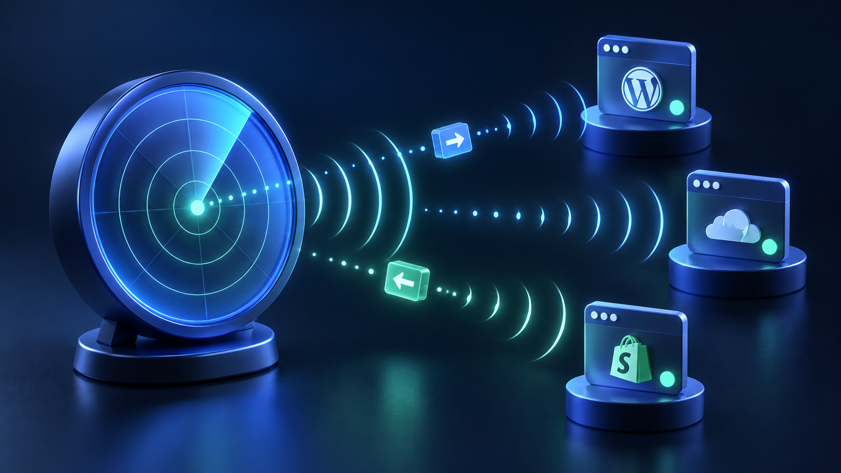 IT professionals monitor website performance in a high-tech control room, showcasing advanced network monitoring tools.